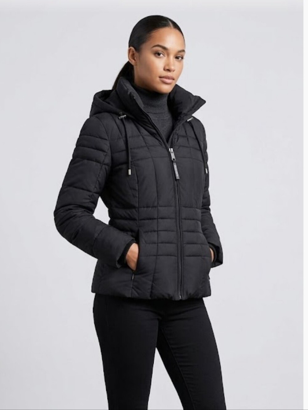 Calvin Klein Black Hooded Puffer Coat Padded Quilted Jacket Cinched Waist